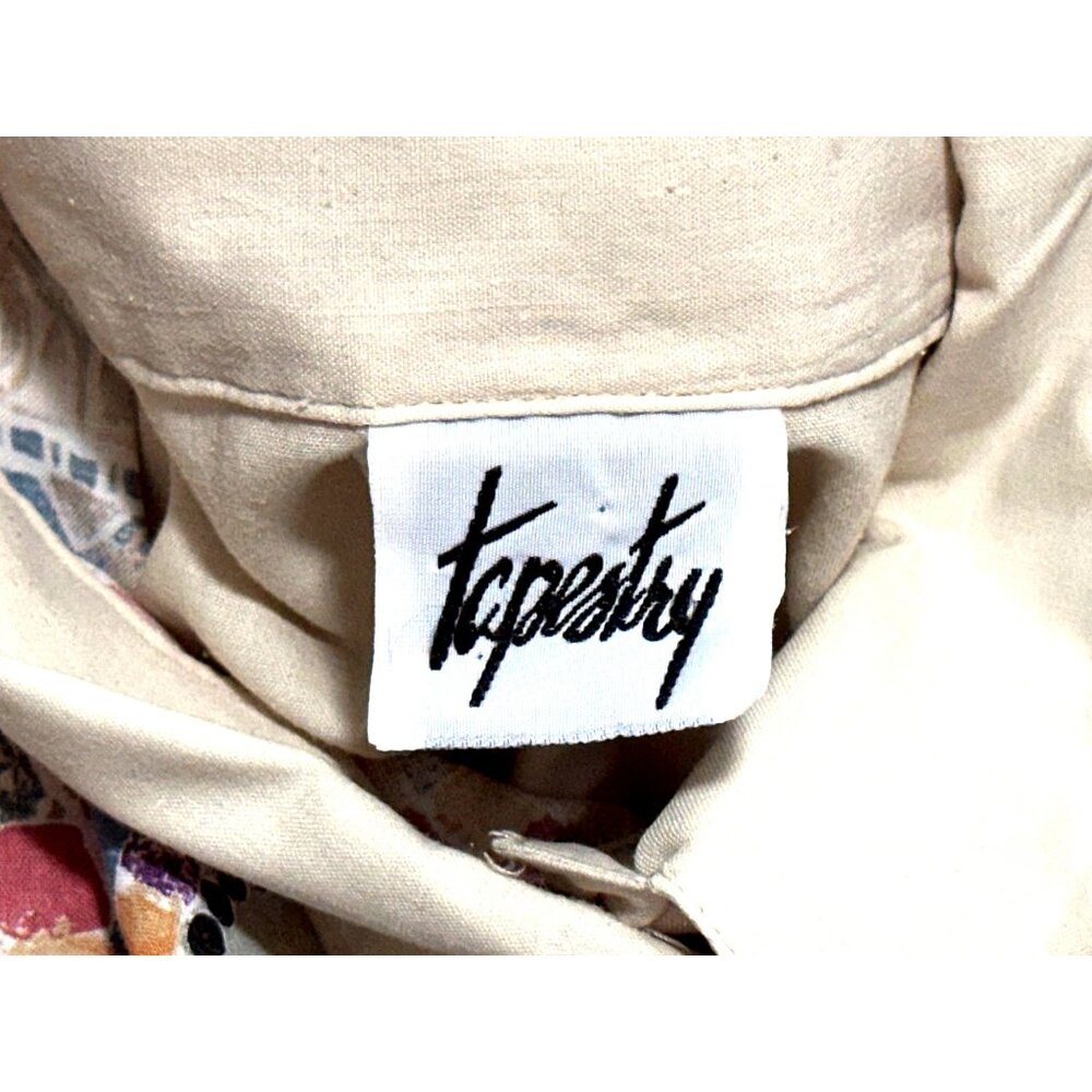 Tapestry Medium Ivory Tan Satin Look Mosaic Yoke Lace Pocket Button Front Blouse - Picture 6 of 10